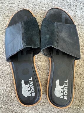 Sorel Black Suede Slide Sandals with Brown Trim